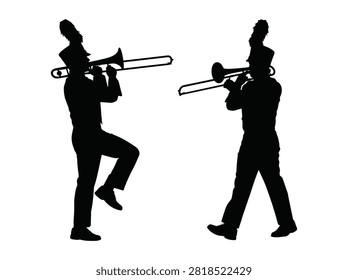 Two marching band musicians playing trombones in silhouette