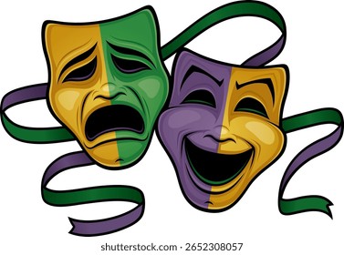 Duas máscaras teatrais temáticas do Mardi Gras são exibidas, uma exibindo uma triste expressão com cores verdes e amarelas, e a outra exibindo uma expressão feliz com tons roxos e amarelos.