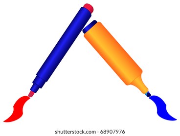 Two markers of different colors drawing lines