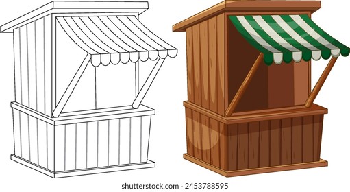 Two market stalls, one colored and one outlined.