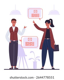 Two marketing managers discussing email marketing campaign and advertising strategy, pointing at speech bubbles with email icons and text simulating email body