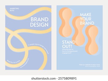 Two marketing posters with abstract designs. Brand design and engagement tips. Soft colors, abstract shapes. Brand design focus, marketing blog theme. Retro pastel branding template vector set.