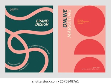 Two marketing posters with abstract designs. Brand design and online marketing themes. Bold colors and modern layout for marketing strategies. Retro pastel branding template vector set.