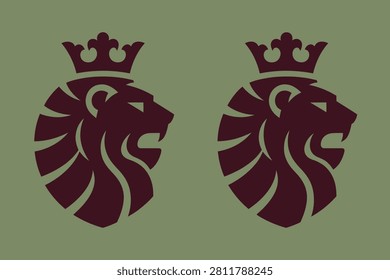 Two maroon lion emblems with crowns on green background
