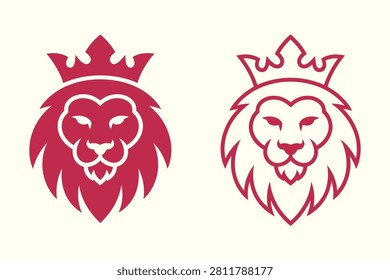 Two maroon lion heads wearing crowns on transparent background