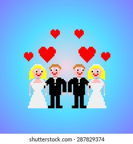 Two married couples standing with hearts pixel art clipart