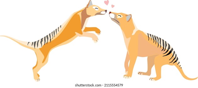 Two marsupial thylacines are in love. Vector illustration