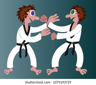 two martial artists hold fists at one another