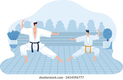 Dos artistas marciales practicando karate en un dojo, uno con un cinturón negro y el otro con un cinturón amarillo. Sesión de entrenamiento de karate, ilustración vectorial de las artes marciales.