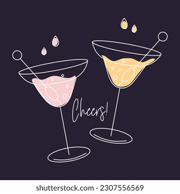 Dos cócteles martiníes con aceitunas y la palabra "Saludos". Icono de bebida, ilustración de vacaciones, vector