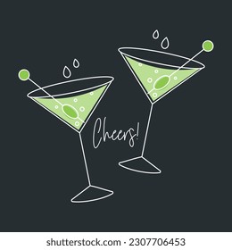 Two martini cocktails with olives and the word Cheers. Drink icon, holiday illustration, vector