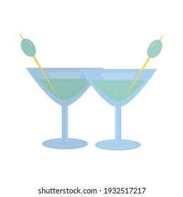 Two martini glass with olive. Party, pub, restoraunt or club element. alcohol coctail with vermouth. Vector illustration, isolated on a white background.