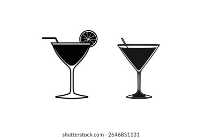 Two martini glasses are illustrated in black vector icons on a white background. One glass features a citrus slice and straw garnish on the rim.
