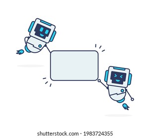 Two mascot robot simple pose white board very smile happy pose