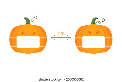 Two masked orange Halloween pumpkins with social distancing during covid and virus quarantine