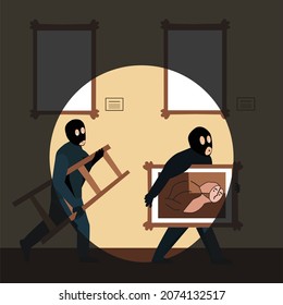 
Two Masked Thieves Steal A Painting From A Museum. Thief With A Ladder In His Hands. Vector Illustration