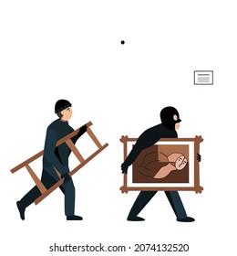 
Two Masked Thieves Steal A Painting From A Museum. Thief With A Ladder In His Hands. Vector Illustration