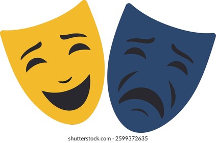 Two masks, one smiling and one frowning, represent contrasting emotions in theater, set against a simple background, conveying a sense of drama and artistic expression.
