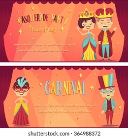 Two masquerade ball banners with cartoon people characters. Vector