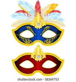 Two Masquerade Mask with feather in different colors