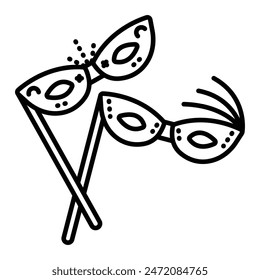 Two masquerade masks with sticks, vector black line icon, editable stroke, simple pixel perfect illustration