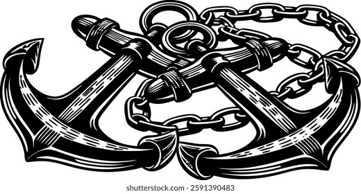 Two massive simple black and white anchors with chains close up pattern