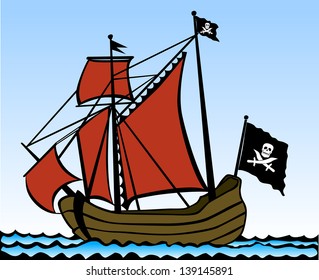 Two masted pirate ship. Vector illustration