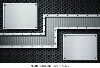 Two matal plate on the dark grid. Vector illustration.