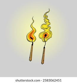 two matches. Matches with fire on grey background.