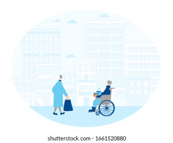 Two mature female characters with shopping bags meeting on the street and talking. Senior lady and penson in wheelchair going towards each other. Friends spending time together. Vector  illustration.
