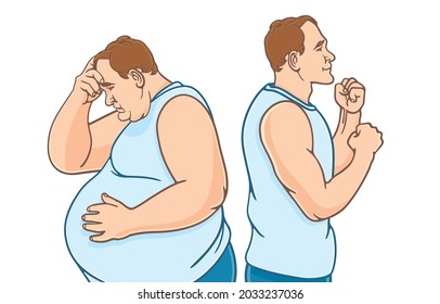 Two mature men of different body size standing together back to back, fat and lean abdomen, side view, before and after weight loss, Fat people's weight loss problem Concept. Vector illustration. svg
