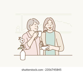 Two  mature women holding cup of coffee and talking to each other. Hand drawn style vector design illustrations.