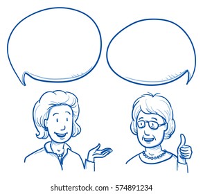 Two mature women talking something good and positive expressions  emotions   gestures in business   casual clothes  Hand drawn line art cartoon vector illustration 
