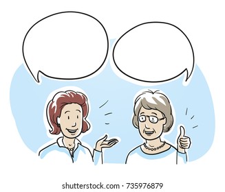 Two mature women talking something good and positive expressions  emotions   gestures in business   casual clothes  Hand drawn cartoon sketch vector illustration  marker style coloring  