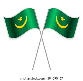 Two Mauritanian crossed flags. Combined Mauritania isolated on white. Language learning, international business or travel concept.