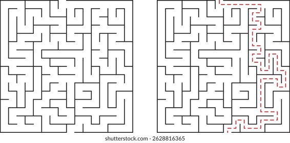 Dois quebra-cabeças de labirinto um resolvido representando a resolução de problemas e encontrando soluções