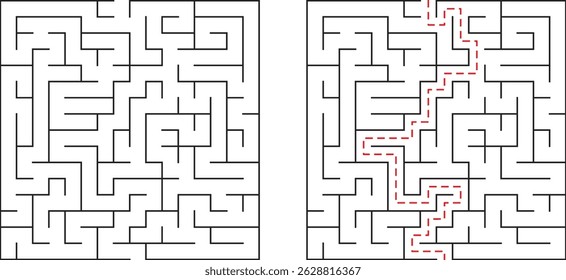 Two maze puzzles one unsolved and one solved showing path to success and completion