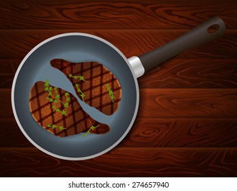 Two meat steak with thyme on frying pan on brown wooden table. Vector image can be used for restaurant and cafe menu design, food posters, print cards and other crafts.