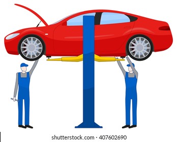 Two mechanic standing under underbody and repairing a car lifted on auto hoist, vector illustration isolated on white