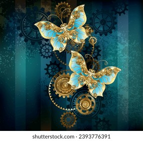 Two mechanical butterflies, with turquoise jewelry wings, decorated with gold gears on turquoise, striped, textured background. Steampunk style.