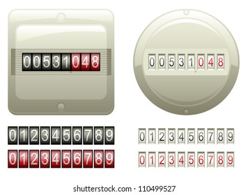 Two mechanical counters and two sets of black and red digits (vector)