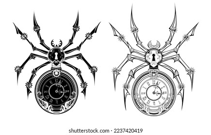 Two mechanical, monochrome, isolated, contour spiders with dial and keyhole on the abdomen. Steampunk style.