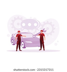 Two mechanics and a car. Arguing about the car problem, one of them brought the key. Trend Modern vector flat illustration.