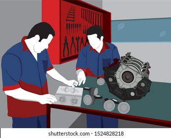 two mechanics repairing a motor