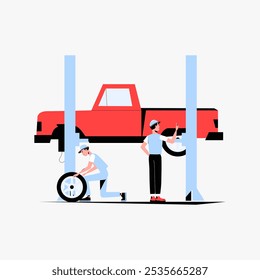 Two mechanics repairing a pickup truck in a garage in flat vector illustration symbolizing car repair, maintenance, and mechanical work, isolated on white background.