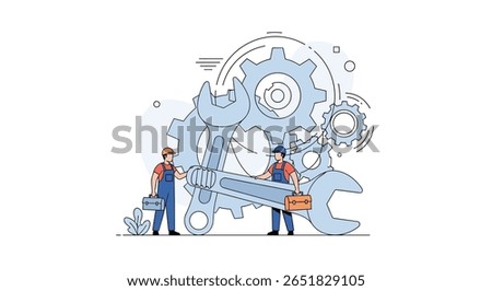 Two mechanics working together maintaining complex machinery gears and tools for business operations
