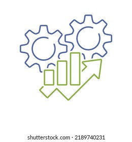 Two mechanisms and a growing graph. Increase in active interaction. Vector linear icon isolated on white background.