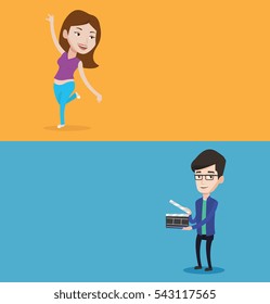 Two media banners with space for text. Vector flat design. Horizontal layout. Happy caucasian woman dancing. Cheerful woman dancer with arm raised in motion. Young sporty woman during dance workout.