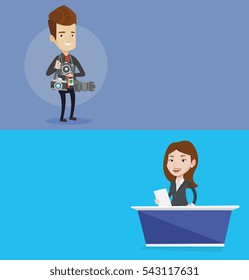 Two media banners with space for text. Vector flat design. Horizontal layout. Television anchorwoman reporting tv news at studio. Caucasian television announcer at studio during live broadcasting.