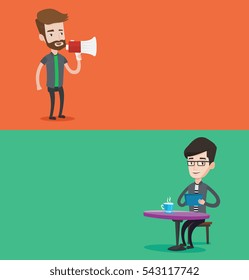 Two media banners with space for text. Vector flat design. Horizontal layout. Hipster man with beard holding megaphone. Man promoter speaking into a megaphone. Young man advertising using megaphone.